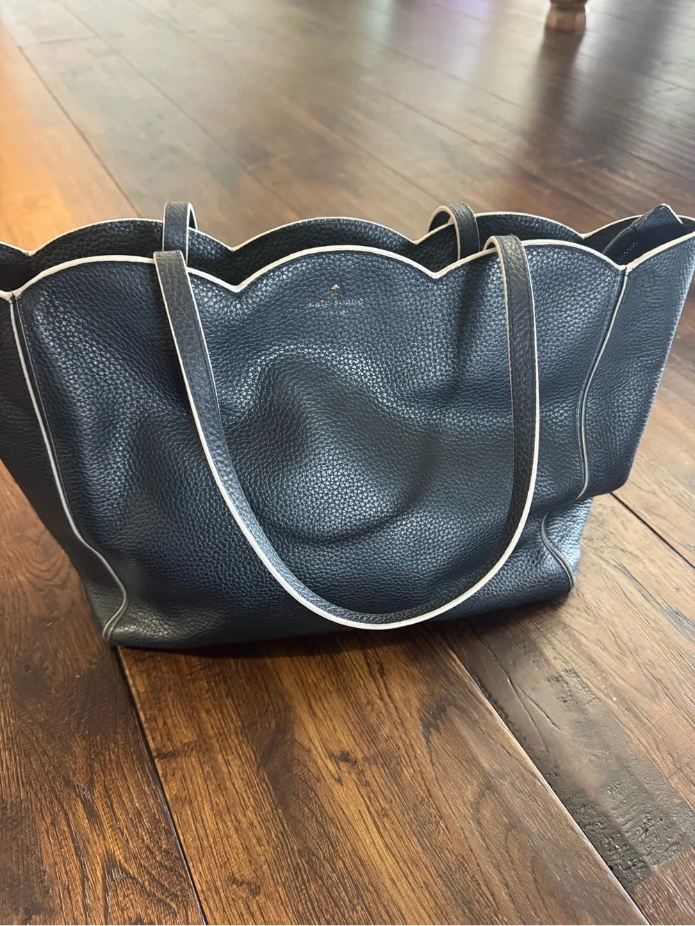 kate spade Dark Navy Pebble Leather Scallop-Top Tote with Cream Trim